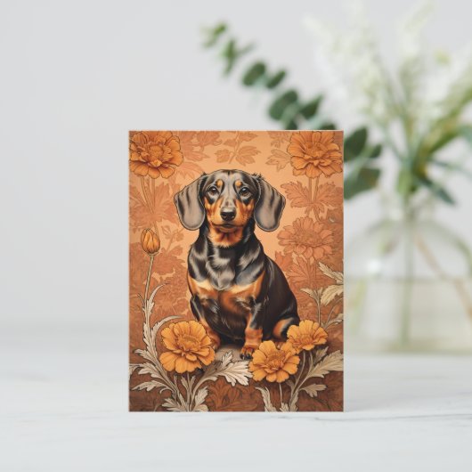 Elegante teckel en goudsbloemen briefkaart (Staand voorkant)