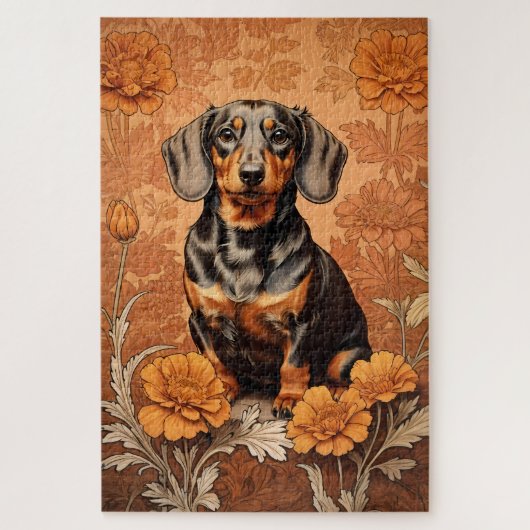 Elegante teckel en goudsbloemen legpuzzel (Verticaal)