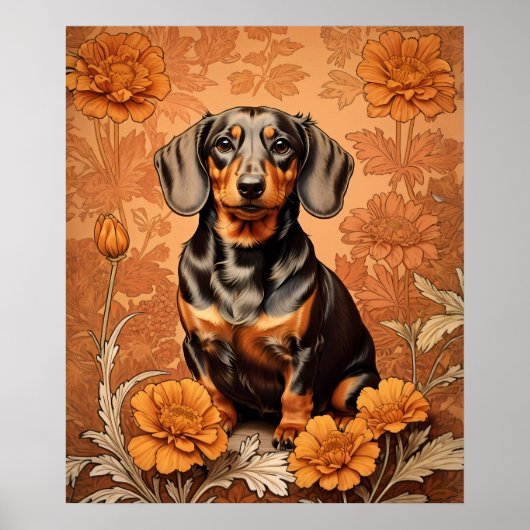 Elegante teckel en goudsbloemen poster (Voorkant)