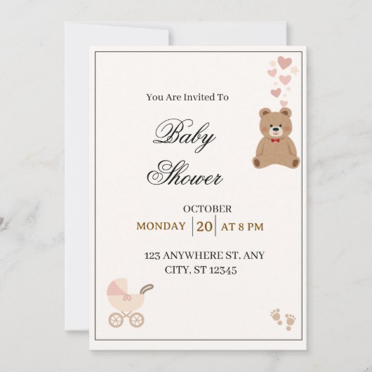 Elegante Teddybeer Baby Shower Uitnodiging  (Voorkant)