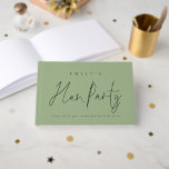 Elegante tekst Hen Party Sage Green Gastenboek<br><div class="desc">Elegante tekst Hen Party Sage Green gastboek, een speciale aandenken voor de aanstaande bruid. De hoofdheading staat in een ingesteld script en personaliseer gemakkelijk de rest van de tekst met je eigen gegevens. De kleuren kunnen worden gewijzigd in elke gewenste kleur om deze aan te passen aan je trouwkleuren via...</div>