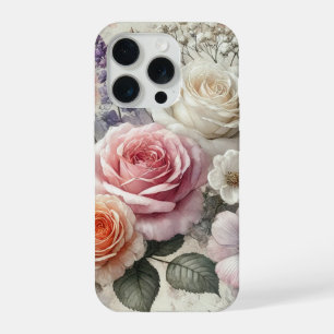 Elegante telefoonhoes met roze en witte rozen iPhone 15 pro case