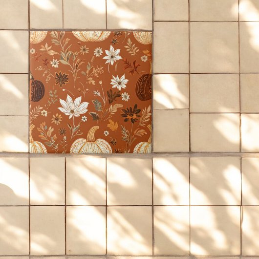 Elegante Terra Cota Pompoen Herfst Bloemenpatroon Tegeltje