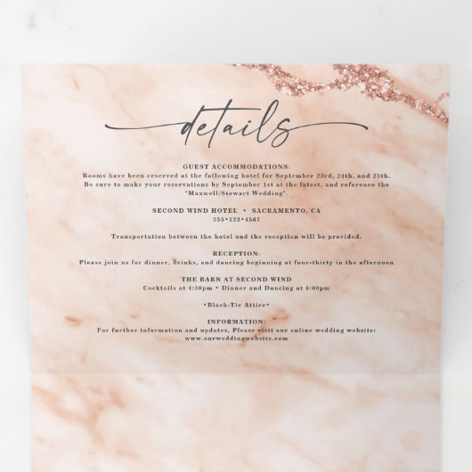 Elegante Terra Cotta Sinaasappel Metallic Marmeren Drieluik Uitnodiging (Binnenzijde eerst)