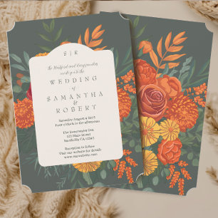 Elegante Terracotta Blauwgroen Herfst Bloemenrand Kaart