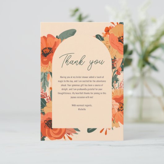 Elegante Terracotta Bloemachtige Bruidsdouche Bedankkaart (Staand voorkant)