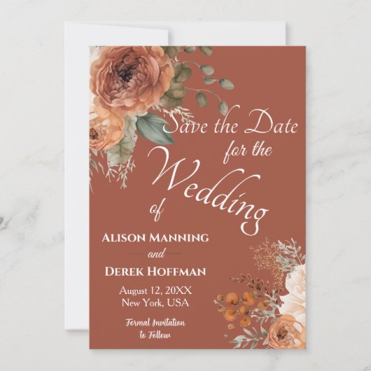Elegante Terracotta Bloemen Bruiloft Save the Date Feestdagenkaart (Voorkant)