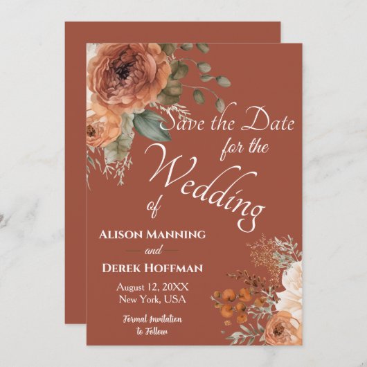 Elegante Terracotta Bloemen Bruiloft Save the Date Feestdagenkaart (Voorkant / Achterkant)