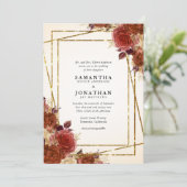 Elegante terracotta bloemen gouden glitter bruilof kaart (Staand voorkant)