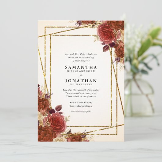 Elegante terracotta bloemen gouden glitter bruilof kaart (Staand voorkant)