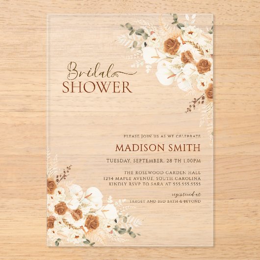 Elegante Terracotta Bloemen QR Code Vrijgezellenfe Acryl Uitnodigingen (Voorkant)