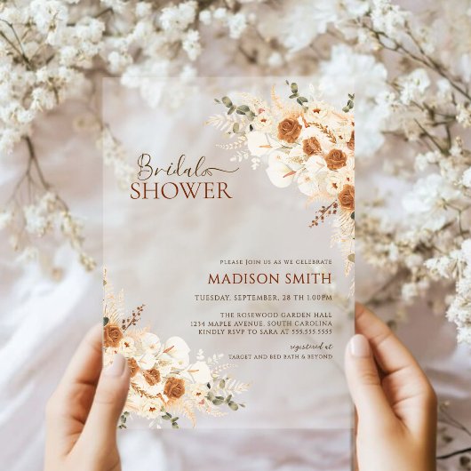 Elegante Terracotta Bloemen QR Code Vrijgezellenfe Acryl Uitnodigingen