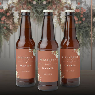 Elegante Terracotta Bloemige Groene Huwelijk Bier Etiket
