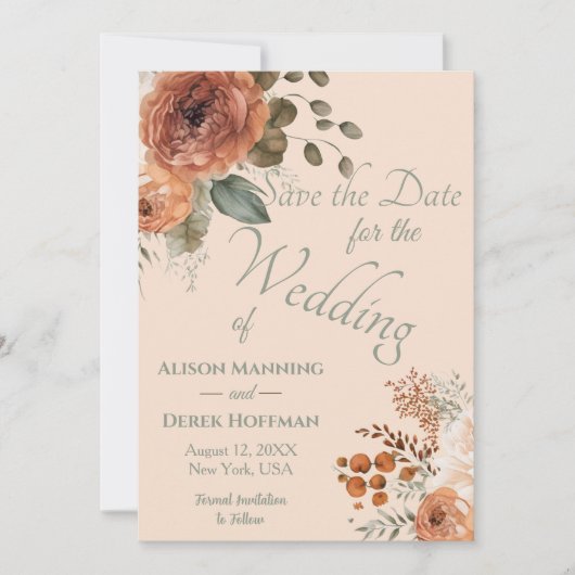 Elegante Terracotta Bloemige Trouw Save the Date Feestdagenkaart (Voorkant)