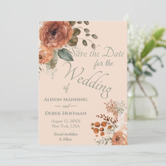 Elegante Terracotta Bloemige Trouw Save the Date Feestdagenkaart (Staand voorkant)