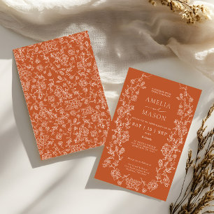 Elegante Terracotta Bloemrijke Vintage Bruiloft Kaart