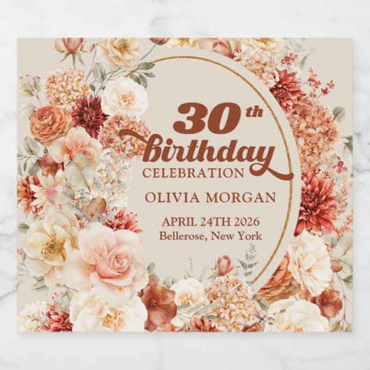 Elegante terracotta blush bordeauxbloemen herfst sparkling wijnetiket (Enkel label)