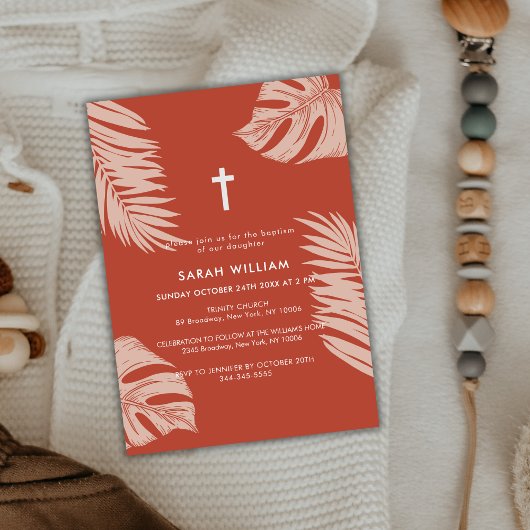 Elegante terracotta boho laat kruis doop kaart