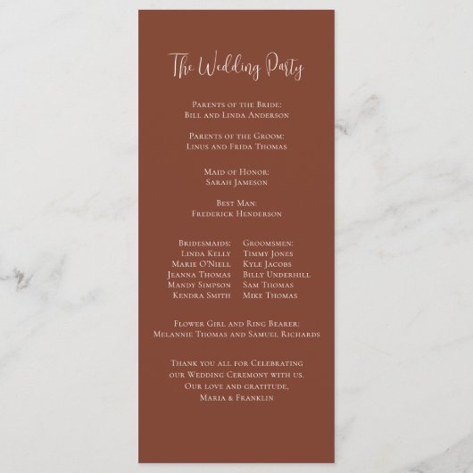 Elegante Terracotta bruiloft programma op maat Programmakaart (Achterkant)