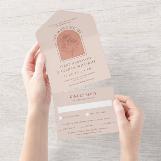 Elegante Terracotta Coneflower Botanische bruiloft All In One Uitnodiging (Afscheurbaar)