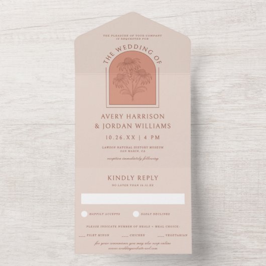 Elegante Terracotta Coneflower Botanische bruiloft All In One Uitnodiging (Binnen)