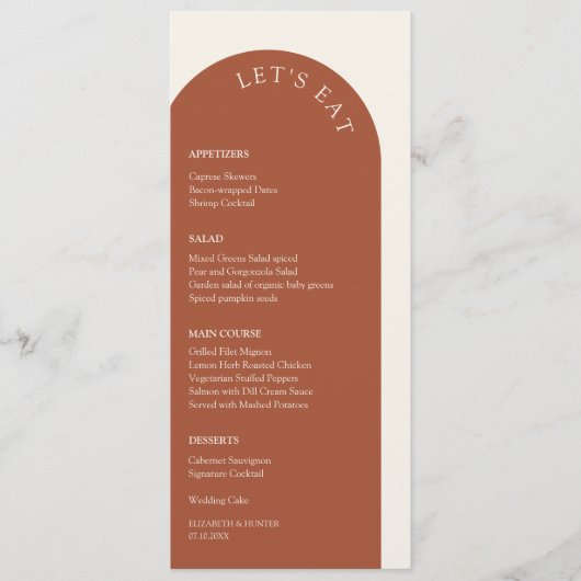 Elegante Terracotta & Cream Let's Eat Arch Bruilof Menu (Voorkant)