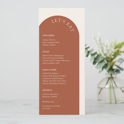 Elegante Terracotta & Cream Let's Eat Arch Bruilof Menu (Staand voorkant)