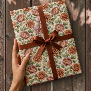 Elegante Terracotta Dahlias & Eucalyptus Bloemen Cadeaupapier