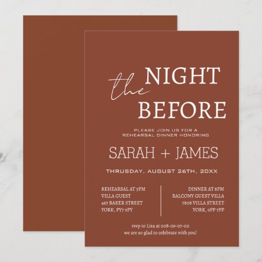 Elegante terracotta de avond voor het diner bruilo kaart (Voorkant / Achterkant)