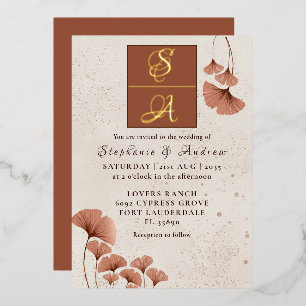 Elegante Terracotta & Echt Gouden Monogram Bruilof Folie Uitnodiging