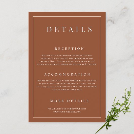 Elegante terracotta eenvoudige formele bruiloft de informatiekaartje