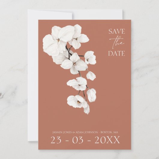 Elegante terracotta en beige orchidee bruiloft save the date (Voorkant)
