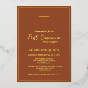 Elegante terracotta en gouden eerste heilige commu folie uitnodiging