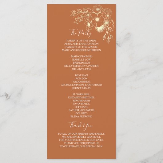 Elegante terracotta en olijfgroene bruiloft programmakaart (Achterkant)