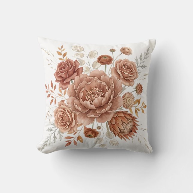 Elegante Terracotta en Perzik Boho Botanische Bloe Kussen (Voorkant)