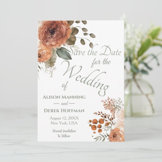 Elegante Terracotta Floral Wedding Save the Date Feestdagenkaart (Staand voorkant)