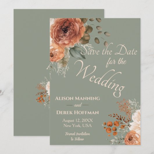 Elegante Terracotta Floral Wedding Save the Date Feestdagenkaart (Voorkant / Achterkant)