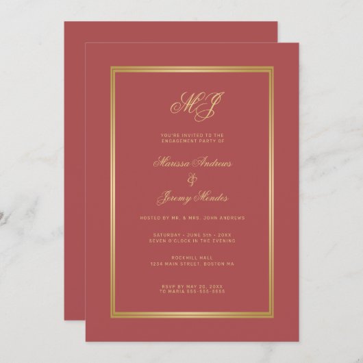 Elegante Terracotta Gold Monogram Engagement Party Kaart (Voorkant / Achterkant)