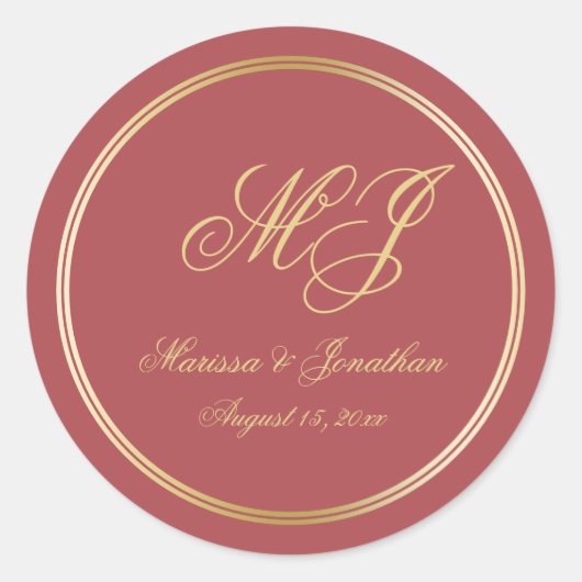 Elegante Terracotta Gold Monogram Script Wedding Ronde Sticker (Voorkant)