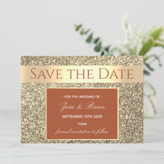 Elegante Terracotta Gouden Bruiloft Save The Date (Staand voorkant)