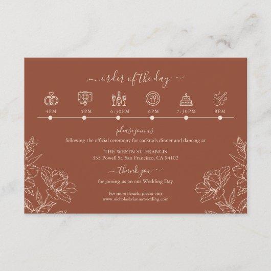 Elegante terracotta grillige bruiloft tijdlijn informatiekaartje (Voorkant)