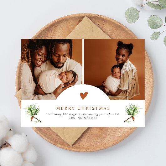 Elegante Terracotta Heart Pines 2 Foto Kerstmis Feestdagenkaart