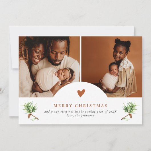 Elegante Terracotta Heart Pines 2 Foto Kerstmis Feestdagenkaart (Voorkant)