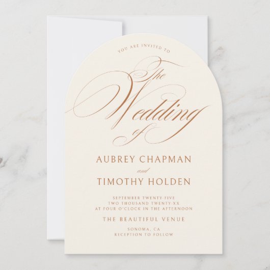 Elegante Terracotta Kalligrafie Boog Huwelijk Kaart (Voorkant)