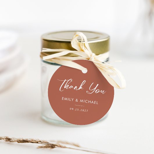 Elegante Terracotta Kalligrafie Herfstbruiloft Bedankjes Labels