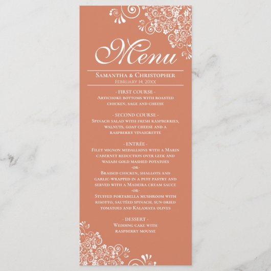 Elegante terracotta koraal & witte krullen bruilof menu (Voorkant)