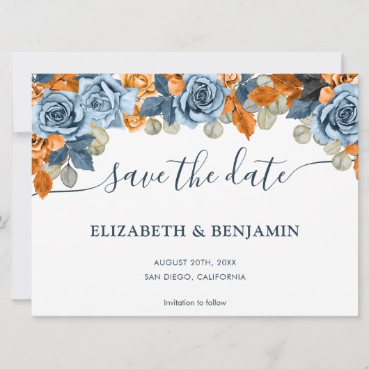 Elegante terracotta marine blauw en roest bruiloft save the date (Voorkant)