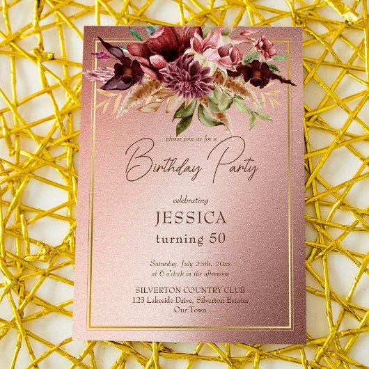 Elegante terracotta maroon herfstbloemen verjaarda kaart