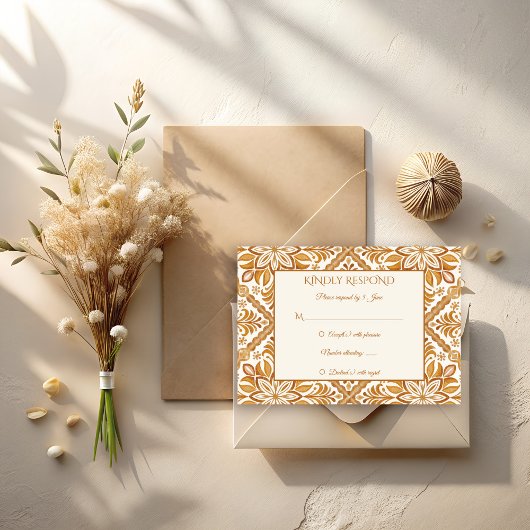 Elegante Terracotta Mexicaanse Talavera bruiloft RSVP Kaartje