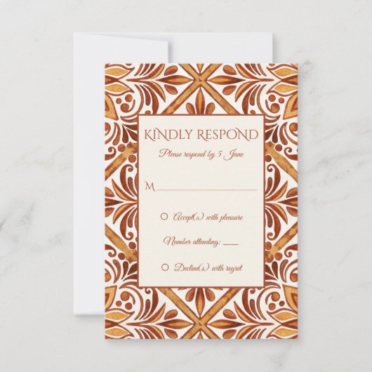 Elegante Terracotta Mexicaanse Talavera bruiloft RSVP Kaartje (Voorkant)
